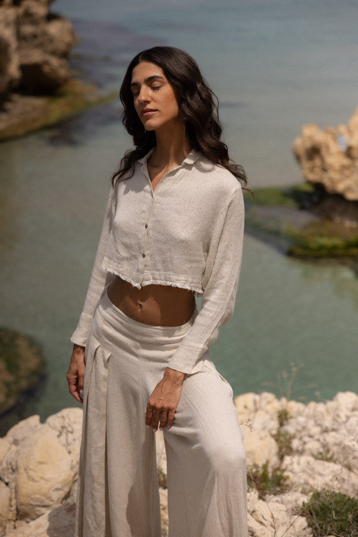 Fluka Set - Linen Crop Shirt & Palazzo Pants